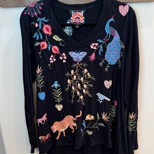 Johnny Was Black Top with Multicolor Embroidery
